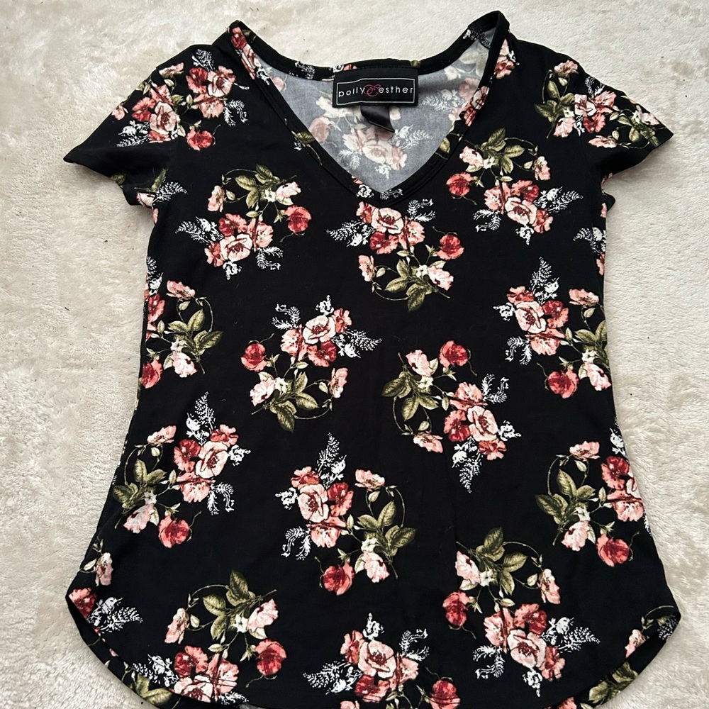 Polly & Esther Black V-Neck Top with Pink and Green Floral Print